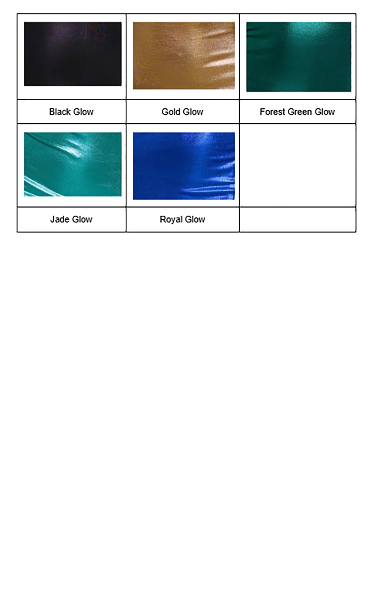 Five fabric swatches—Black Glow, Gold Glow, Forest Green Glow, Jade Glow, and Royal Glow—feature shiny finishes, ideal for creating the eye-catching Long Prom Dress: Atria 6916H with a v-neck or dramatic leg slit.